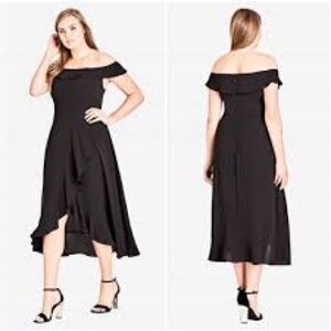 City Chic Dress Wrap Ruffle Black Sz 16 Midi Feminine Wedding Formal Coquette